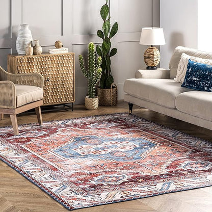 nuLOOM Marli Machine Washable Faded Medallion Ultra Thin Area Rug, 6' Square, Rust