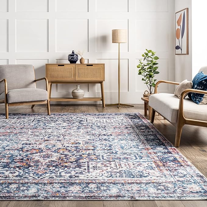 nuLOOM Kasi Vintage Persian Machine Washable Ultra Thin Area Rug, 5' x 8', Blue