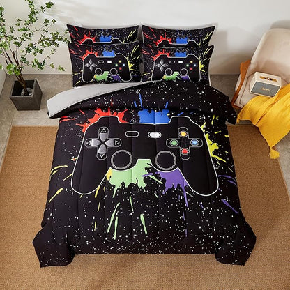 Gamer Comforter Sets Queen Size for Boys Teen,Game Controller Colorful Comforter with 2 Pillowcases, 3 Piece Video Gaming Bedding Set for Game Lovers,All Season(Black,Queen)