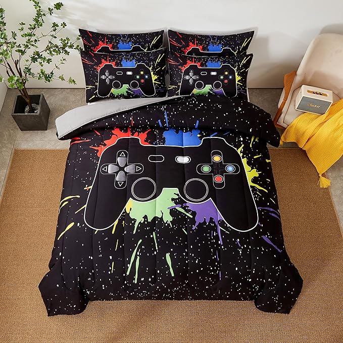 Gamer Comforter Sets Twin Size for Boys Teen,Game Controller Printed Colorful Comforter with Pillowcase, 2 Piece Video Gaming Bedding Set for Game Lovers,All Season(Black,Twin)