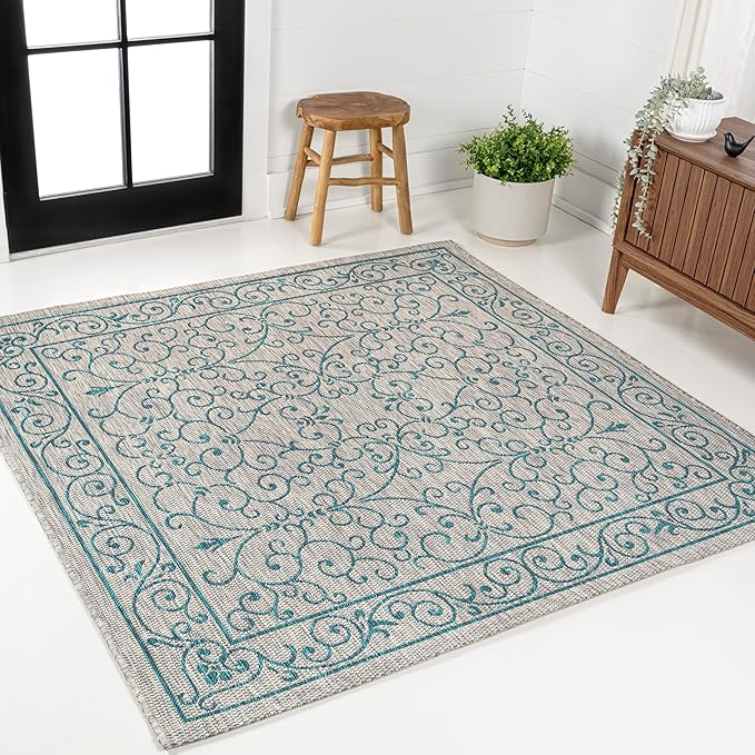 JONATHAN Y Vintage Filigree Indoor Outdoor Square Area Rug 6X6 Gray/Teal, Charleston Textured Weave for Backyard, Patio, Porch, Easy-Cleaning, High Traffic, Pet-Friendly, Non-Shedding (SMB106E-6SQ)
