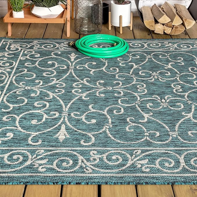 JONATHAN Y Vintage Filigree Indoor Outdoor Area Rug 5X8 Teal/Gray, Charleston Textured Weave for Backyard, Patio, Porch, Easy-Cleaning, High Traffic, Pet-Friendly, Non-Shedding (SMB106F-5)