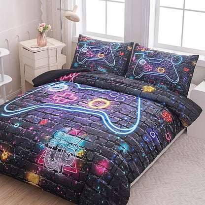 NINENINE Gaming Bedding Sets for Boys 5PCS Queen Size Comforter Gamer Contoller Video Bed in A Bag Kids Teens Black Bedding Comforter Sheet Set(1Comforter, 1Flat Sheet, 1Fitted Sheet, 2Pillowcases)
