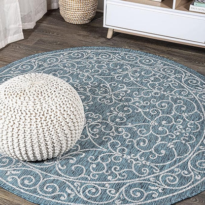JONATHAN Y Vintage Filigree Indoor Outdoor Round Area Rug 8 Ft Teal/Gray, Charleston Textured Weave for Backyard, Patio, Porch, Easy-Cleaning, High Traffic, Pet-Friendly, Non-Shedding (SMB106F-8R)