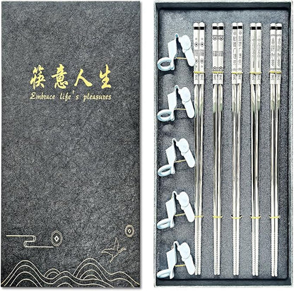 Premium 316 Medical Grade Stainless Steel Chopsticks 5 Pairs And Set with 5 Chopstick Helpers,Metal, Training For kids and Adults，Luxury Gift Box with Gold Design