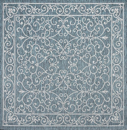 JONATHAN Y Vintage Filigree Indoor Outdoor Square Area Rug 8X8 Teal/Gray, Charleston Textured Weave for Backyard, Patio, Porch, Easy-Cleaning, High Traffic, Pet-Friendly, Non-Shedding (SMB106F-8SQ)