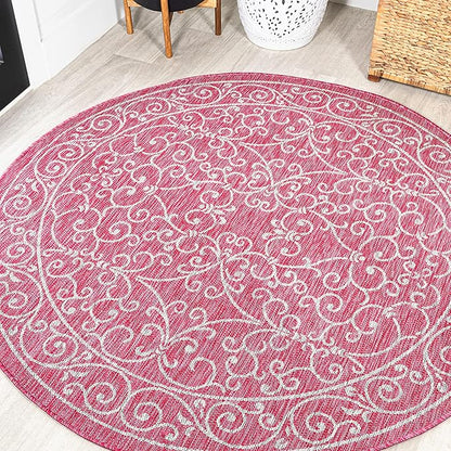 JONATHAN Y Vintage Filigree Indoor Outdoor Round Area Rug 5 Ft Fuchsia/Light Gray, Charleston Textured Weave for Backyard, Patio, Porch, Easy-Cleaning, Pet-Friendly, Non-Shedding (SMB106J-5R)